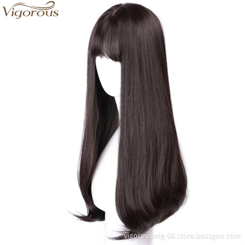 Vigorous Natural Straight Hair Wigs for Black Women Black Brown Synthetic Wigs with Blunt Bang Middle Part Heat Resistant Wig